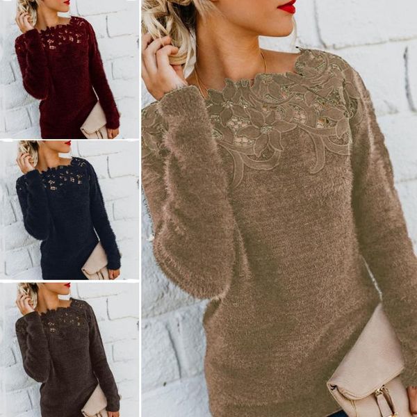 

women's sweaters women solid color long sleeve o neck floral lace patchwork pullover sweater material soft and comfortable to w, White;black