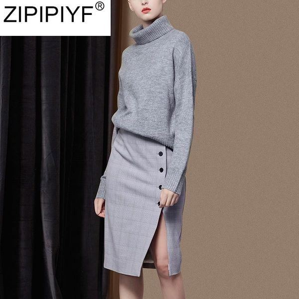 

women's two piece pants 2 women skirt suit long sleeve turtleneck pullover sweater+split pencil set lady runway fashion sets c3253, White