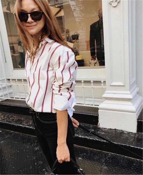 

women's blouses & shirts 2021 autumn fashion cotton capri wome striped long blouse button up collar curved hem oversized sleeves, White