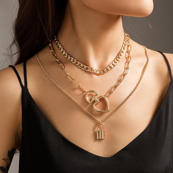 

pendant necklaces women ins fashion all-match heart-shapped buckle lock-shaped creative personality can be split multi-layered necklace set, Silver