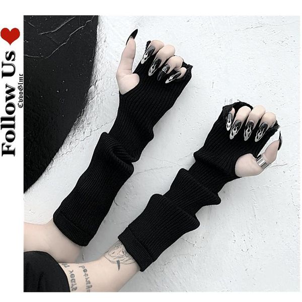 

five fingers gloves gothic fingerless arm sleeve dark women tattered sports emo punk striped hand warmer long knitting fashion sleeves, Blue;gray