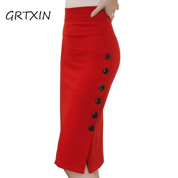 

skirts plus size fashion women skirt midi slim ol open slit button pencil elegant ladies 2 colors, Black