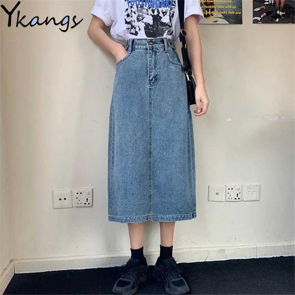 Vintage Long Denim Saias Meninas Mulheres Cintura Alta Cintura Bolsos Bolsos Split Jeans Plus Size 5XL Maxi Saias Adolescentes Streetwear 210619