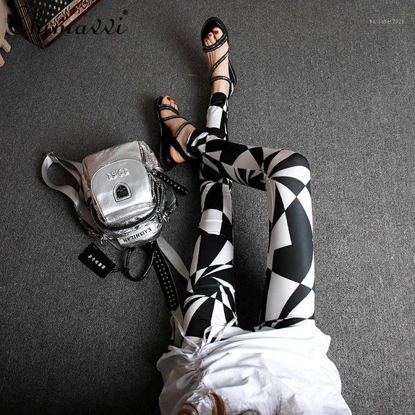 

women's leggings 2021 spring women fashion outerwear high waist elastic skinny slim black/white contrast color cropped pants