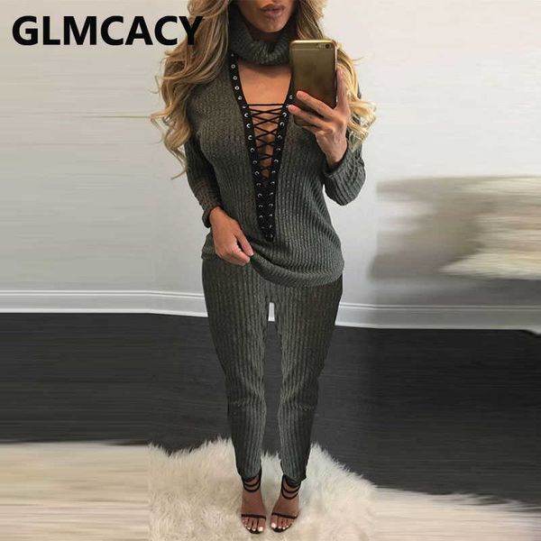 

women two piece casual knitted suits lace up turtleneck & slim pants set 210702, White