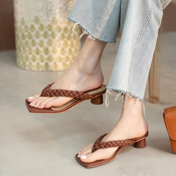 

slippers female genuine leather med rouned heels sandals for women classic design summer est basic shoes woman, Black