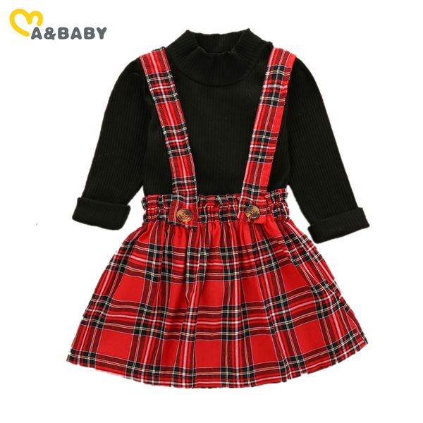 1-6Y Christmas Girls Clothes Set Maglione a maniche lunghe lavorato a maglia Gonne scozzesi rosse Tuta Autunno Inverno Abiti natalizi 210515