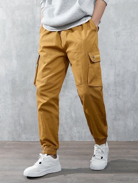 

men zip detail utility pocket drawstring waist joggers k4wn#, Black