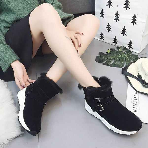 

boots rimocy fashion double buckle flat ankle for women thick plush warm snow woman winter lightweight platform shoes lady, Black