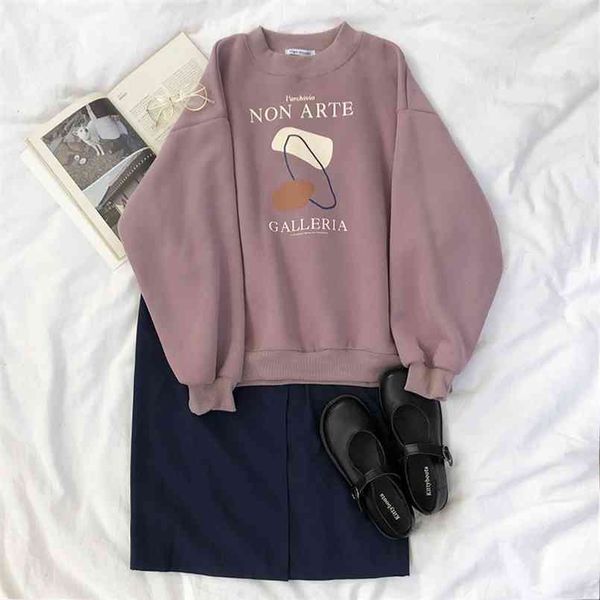 

mooirue abstract printing sweatshirt women thickening fleece comfortable warm lazy loose round neck pullover 210813, Black
