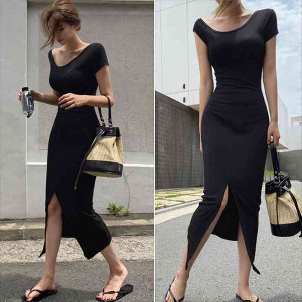 

korean chic fashion summer slim wrap hip black o neck short sleeve split dress women cotton all-match clothing vestidos mujer, Black;gray