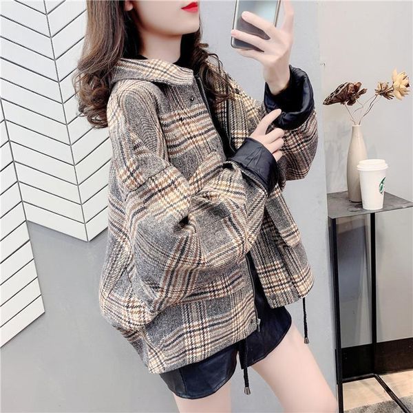 

women's wool & blends women 's woolen plaid short coat autumn and winter korean style loose all -match retro top, Black