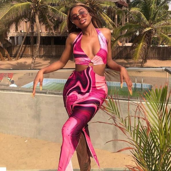 

casual dresses fashion tie dye women halter midi dress summer hollow out lace up slit bodycon streetwear club vestidos woman 8colors, Black;gray