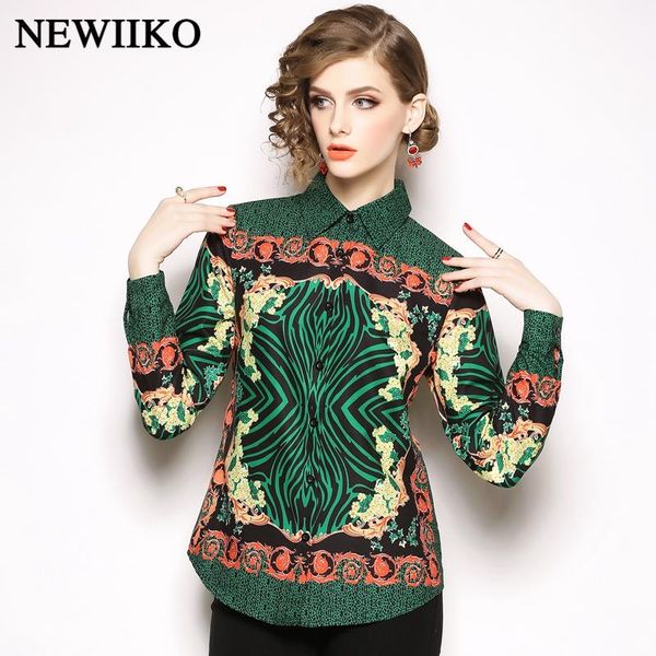 

women's blouses & shirts fashion spring autumn women turn-down collar casual green print career elegant long sleeve work office lady to, White