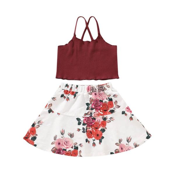 

2pcs toddler kids baby girls clothes sleeveless solid ribbed vest floral skirts outfits children's clothing set sets, White