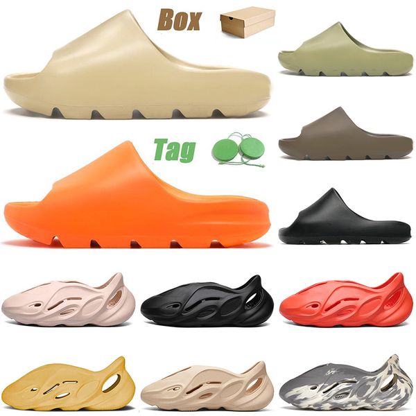 

2021 kanye slides slippers men women kid foam runner sandals desert sand enflame orange moon gray trainers flip flop west 32-47, Black