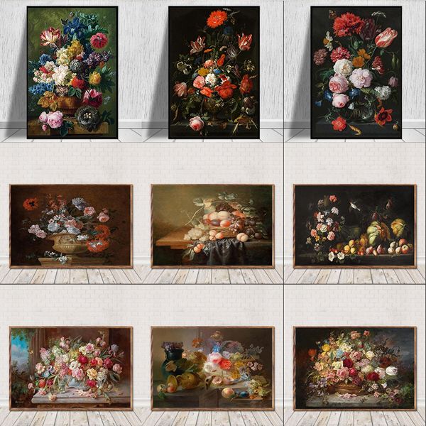 Avrupa Vintage Tuval Boyama Duvar Dekor Natürmort Bir Cam Vazoda Çiçeklerle Nordic Sanat Poster Ve Baskılar Resim Cuadros