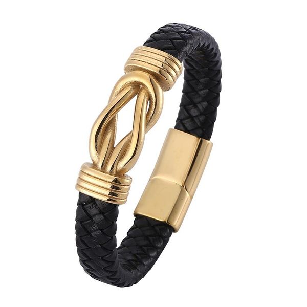 

punk black leather men bracelet stainless steel unique cross knot shape wristband magnet buckle bracelets male party gift pd0749 charm, Golden;silver
