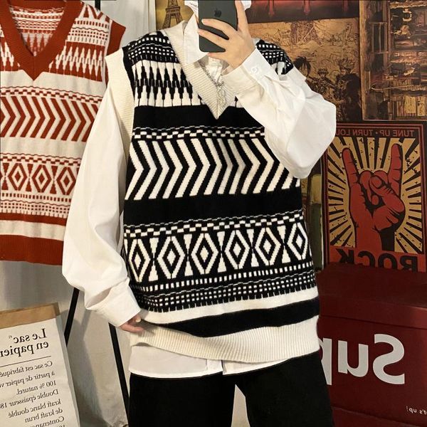 

men's vests fall loose college style sleeveless vest sweater, Black;white