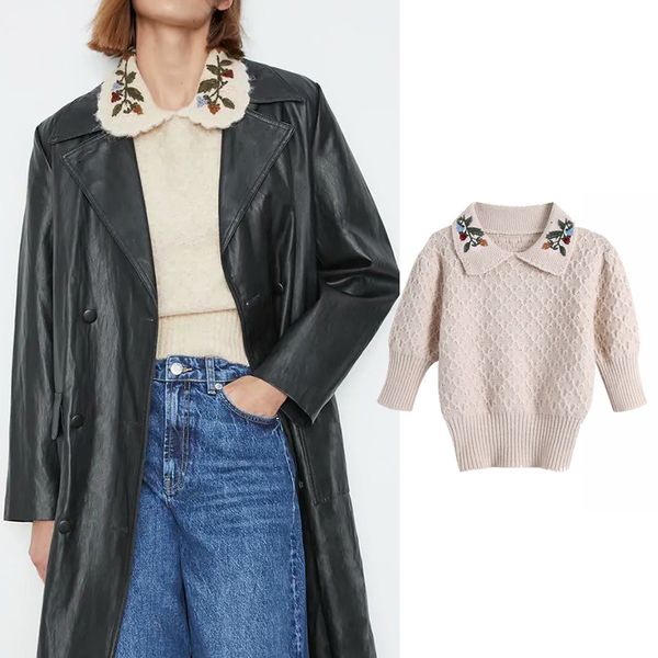 

women's sweaters women autumn embroidered knitting turn-down collar sweater winter sweater girl casual loose knit pullovers ejb4, White;black