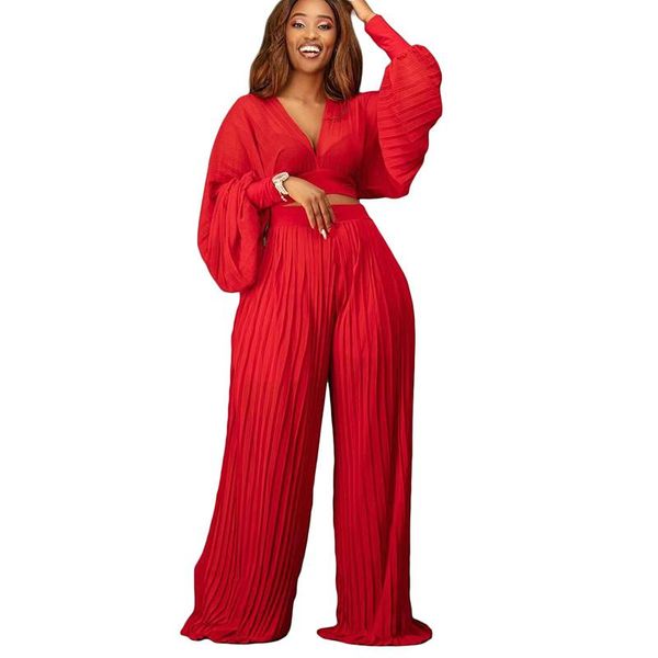 

women's two piece pants women two-piece set long sleeved v-neck loose pleated wide leg femme brazilian blouse suit sets party work, White
