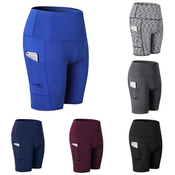

solid gym leggings for women elastic running short pants yoga wear slim high waist pockets training fitness tight shorts, Black;blue