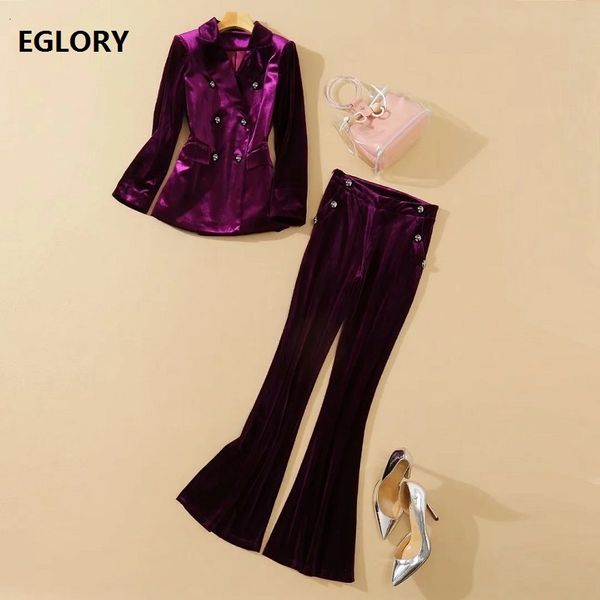 

pants new women's set autumn winter blazer set female double breasted blazer suits+beading button flare leg pant set, White