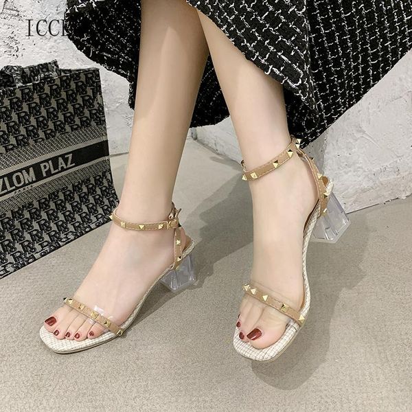 

sandals icclek buckle 2021 summer fashion rivet fairy chunky heels trendy for women shoes woman, Black