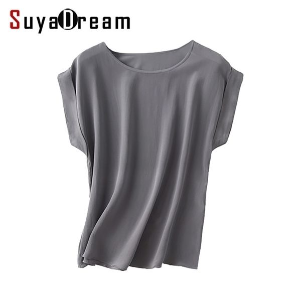 Mulheres Real Silk T Shirt Bastão Curto Manga Sólida Chiffon Solto Camisa 100% Natural Silk Basic Top Plus Size Verão Bottoming 210324