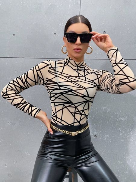 

mock neck geo print mesh without bra 00g6#, White