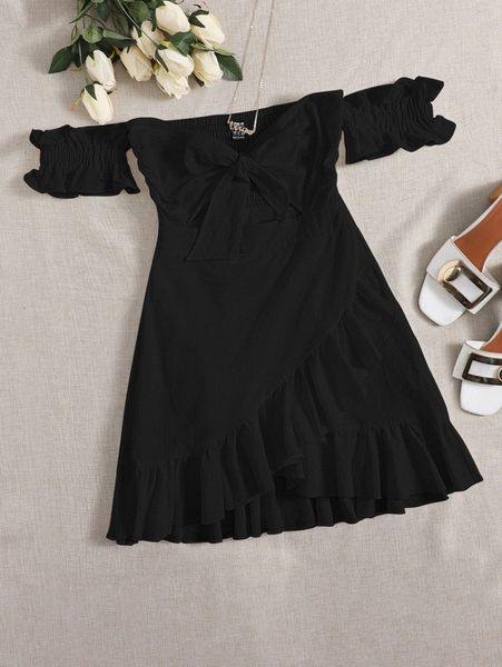 

off shoulder tie front wrap hem dress v4mv#, Black;gray