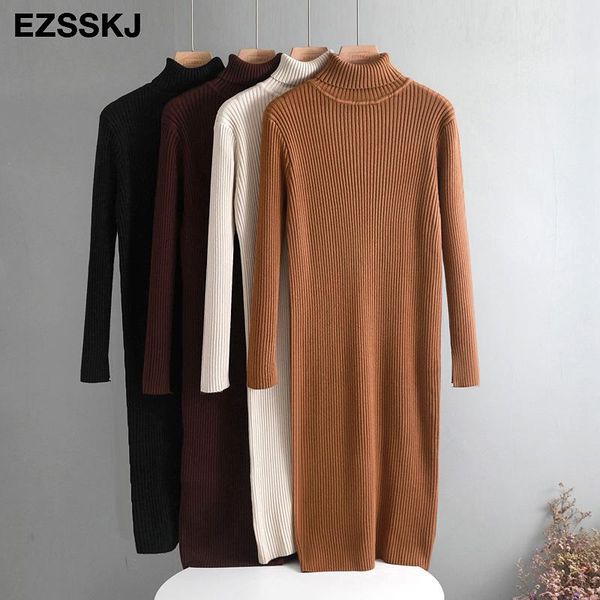

casual dresses thick slim autumn winter long sweater dress women 2021 female split sleeve basic straight turtleneck chic, Black;gray