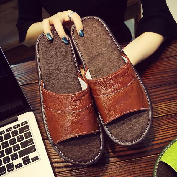 

slippers couple's summer home anti-slip genuine leather women's indoor men casual comfortable shoes, Black