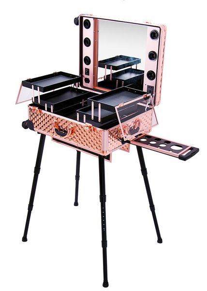 

aluminum lighted beauty box professional cosmetic case trolley with mirror and wheels 2021 bags & cases