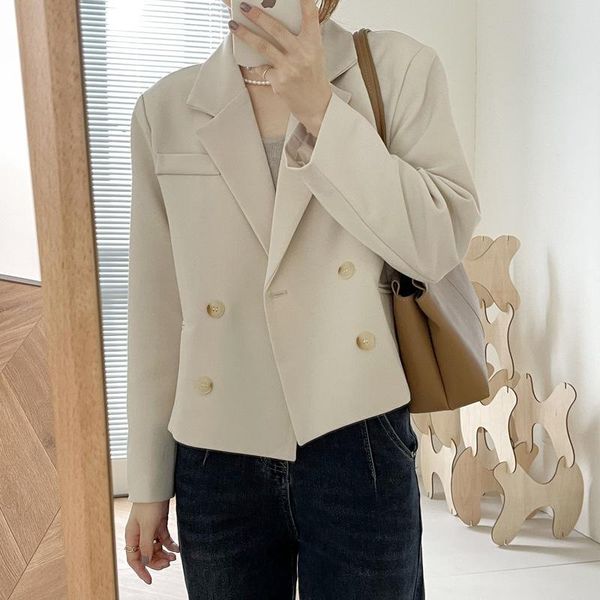 

women's suits & blazers korean autumn 2021 chic solid casual blazer women vintage two buttons short suit jacket office lady notched col, White;black