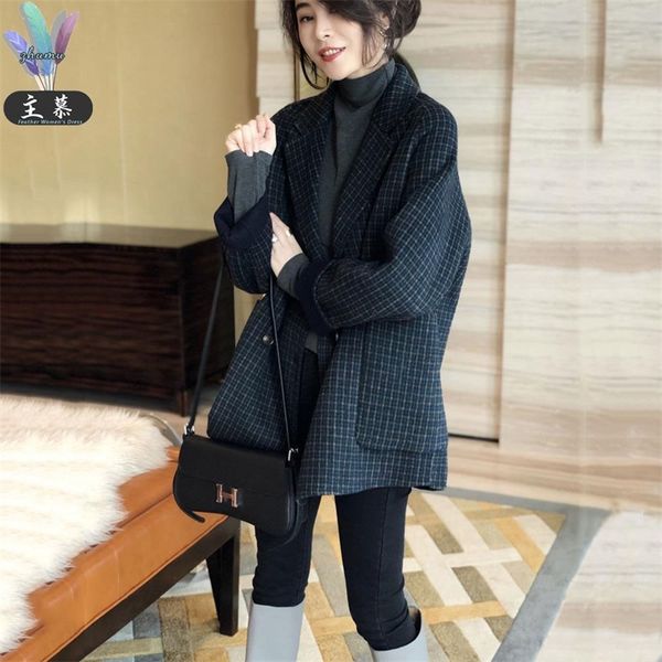 

wool main mu loose plaid suit coat 2021 spring new european fashion temperament imitation cashmere, Black