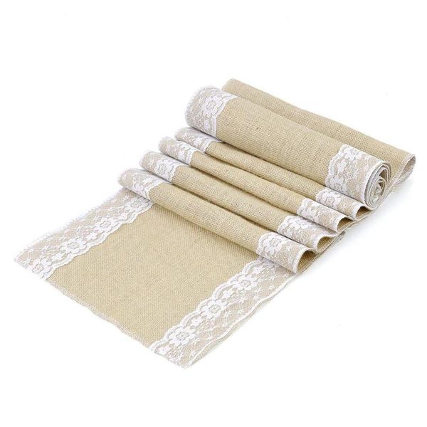 

table cloth burlap lace runner vintage natural jute linen for party christmas wedding decoration, 1pcs