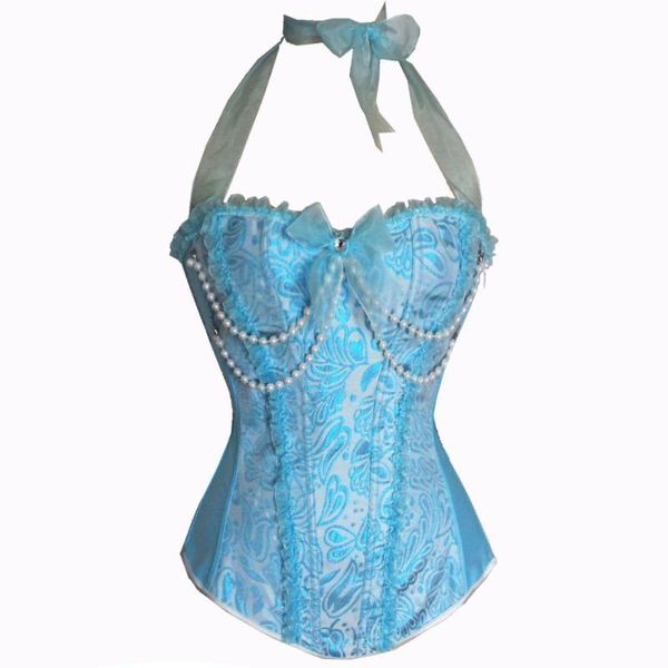 Bustiers espartilhos sensuais luzes luz azul halter laço espartilho cintura treinador corpo shapewear beading bustier cincher pérola corselet