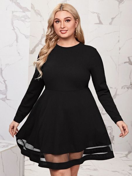 

plus sheer mesh insert dress 71on#, Black