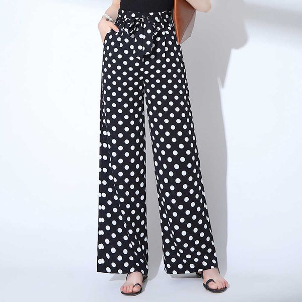 Frauen Polka Dots Hosen Breites Bein Hohe Taille Chiffon Gerade Sommer Dünne Hosen Lose Kordelzug Schwarz Weiß Punkte Plus größe Q0801