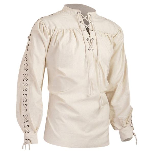 

men's casual shirts collar male blouse retro lace up long sleeve medieval shirt gothic man blouseashion clothing chemise, White;black