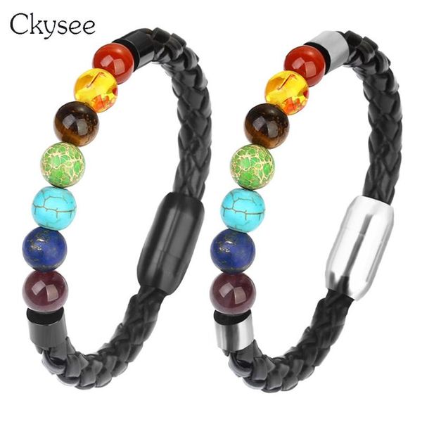 

charm bracelets ckysee black color braided leather stainless steel magnetic clasps bracelet men natural 7 chakra stone beads bangles, Golden;silver