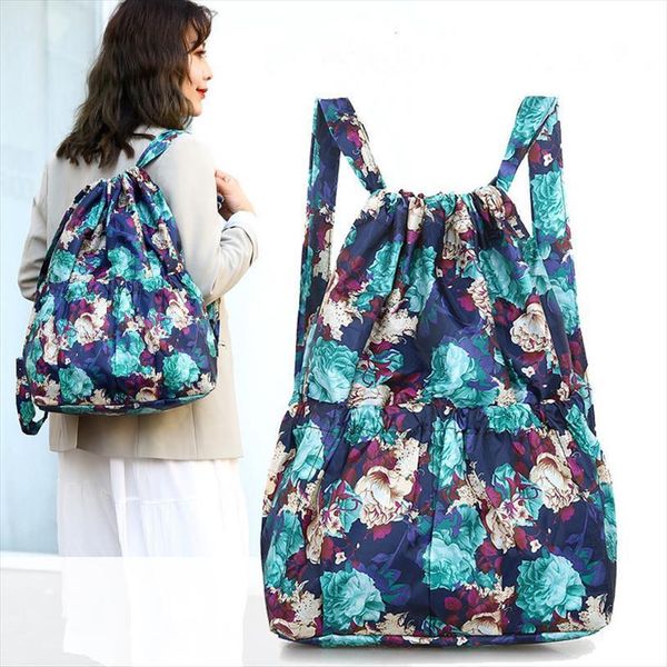 

flower drawstring shopping bag backpack women outdoor gym large capacity waterproof beach bags nylon rucksack
