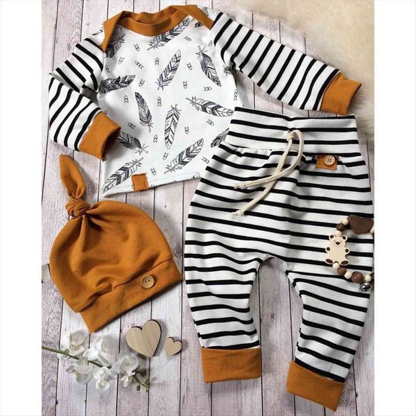 

newborn clothes kids girls baby girl boy feather t shirt strip pants z4, White