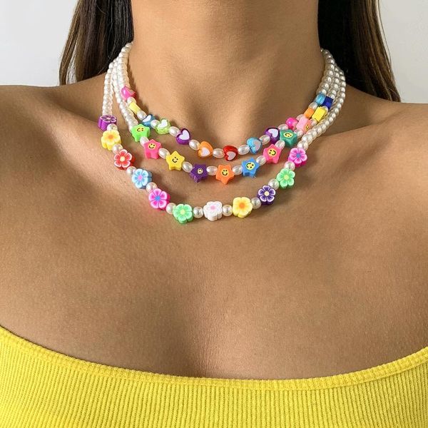 

chains ethnic colorful soft pottery flower clavicle chain geometric simple imitation pearl round bead acrylic necklace for women, Silver