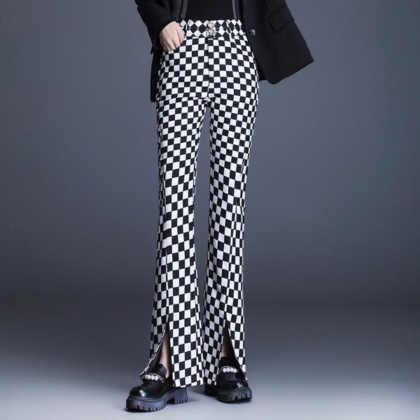 

women's pants & capris fashion flared women winter 2021 slim high waist mopping split plaid skinny wide leg autumn trousers mode femme, Black;white