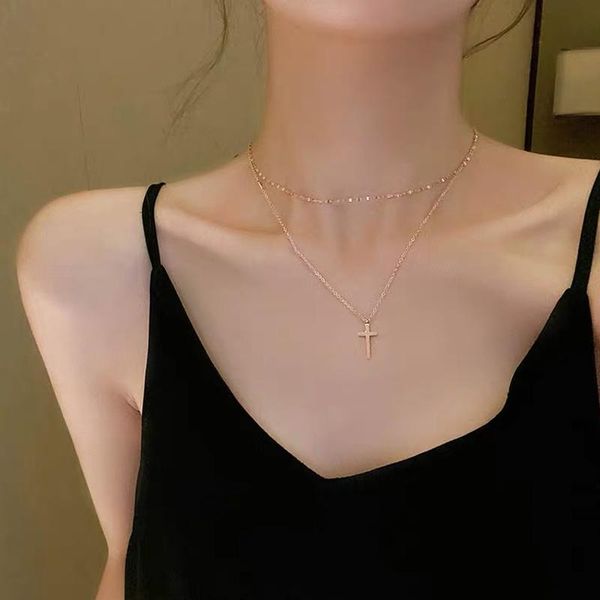 

chains fashion simple personality stainless steel double cross pendant necklace lady jewelry gift prom accessories, Silver