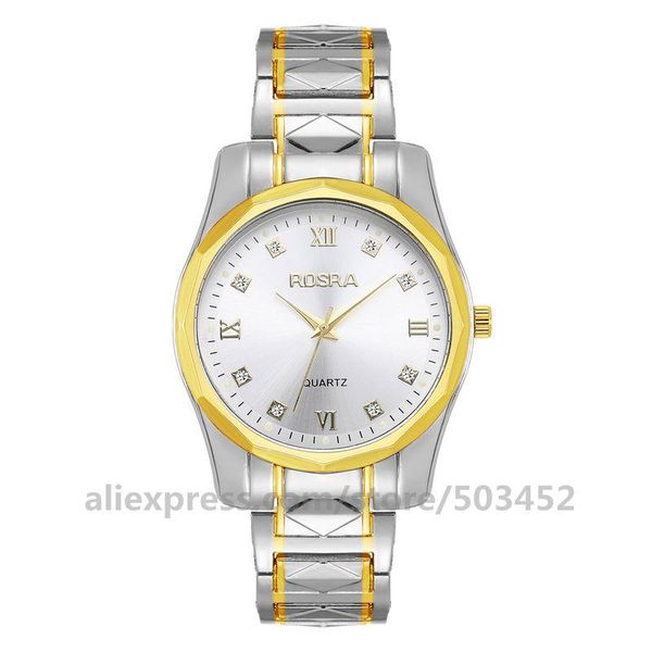 

wristwatches 100pcs/lot rosra 8746 alloy watches for men luxury business arabic numerals drill scale steel belt round quartz watch, Slivery;brown