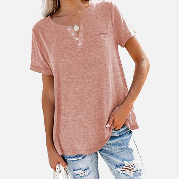 

summer button pocket women's t-shirts v-neck short sleeve basic casual loose female t-shirt 2021 fashion solid simple ladies top, White