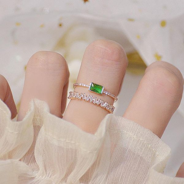 

cluster rings bohemia emerald green crystal women ring double layers transparent zircon elegant bague anillos shine bridal wedding jewelry, Golden;silver